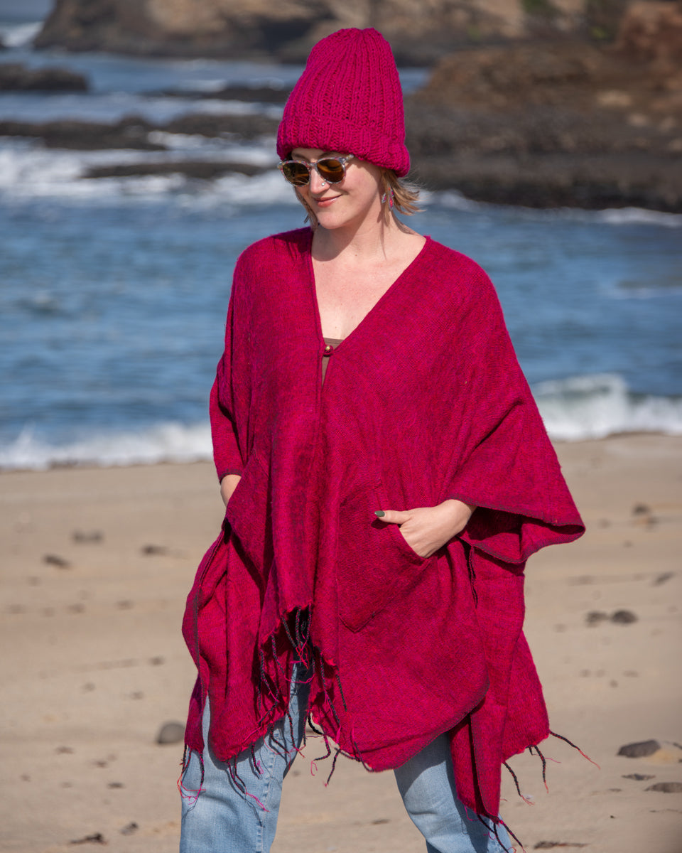Brushed Woven Ruana in Raspberry
