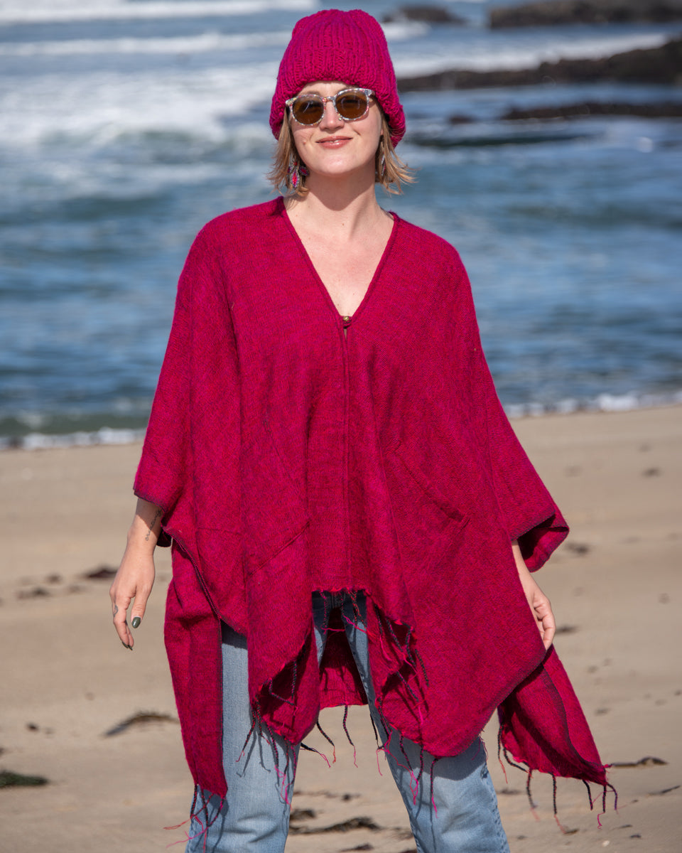 Brushed Woven Ruana in Raspberry