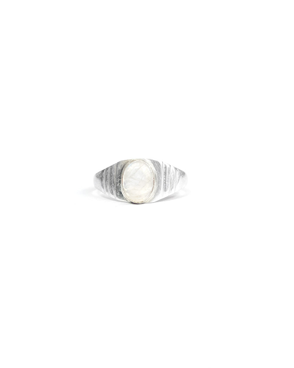 Ring with Oval Stone in Ribbed Setting