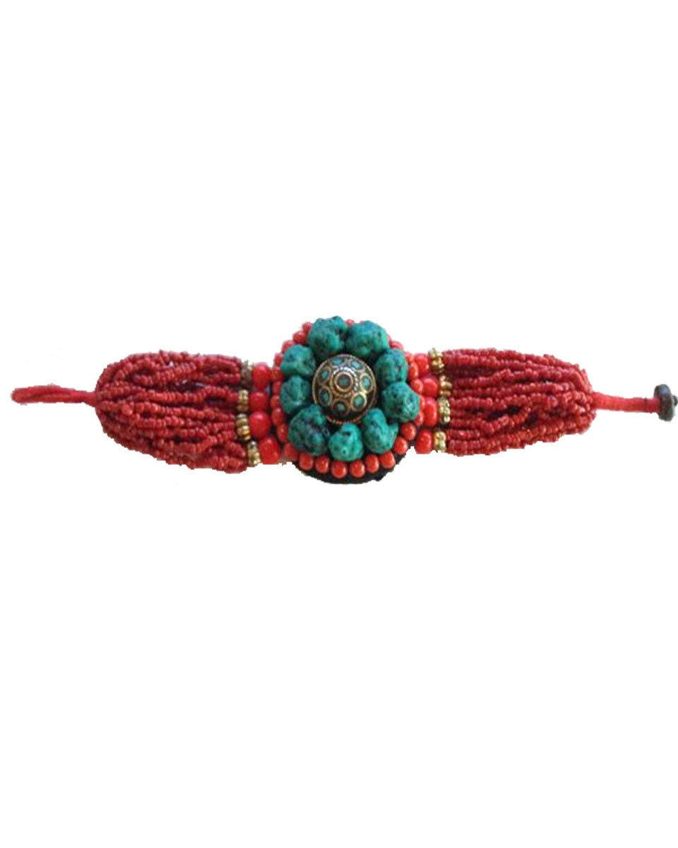 Red Beaded Bracelet with Large Turquoise Center