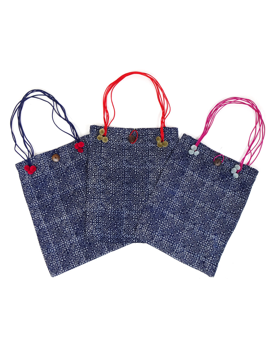 Indigo Batik Tote Bag with Pom Poms