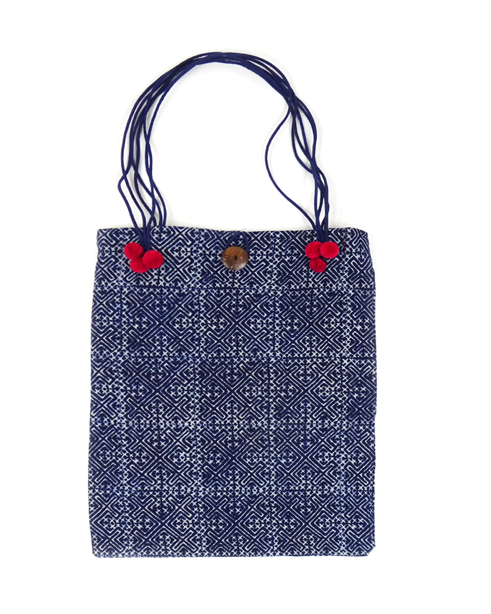 Indigo Batik Tote Bag with Pom Poms