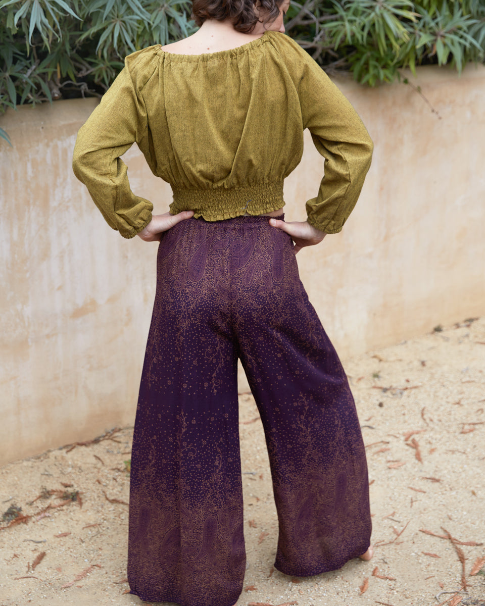 Zodggu Womens Fashion Summer Casual Solid Chiffon Pockets Elastic Waist  Full Length Long Pants Double Layer Crinkle Wide Leg Pants Trousers Flare Trousers  Purple 10 
