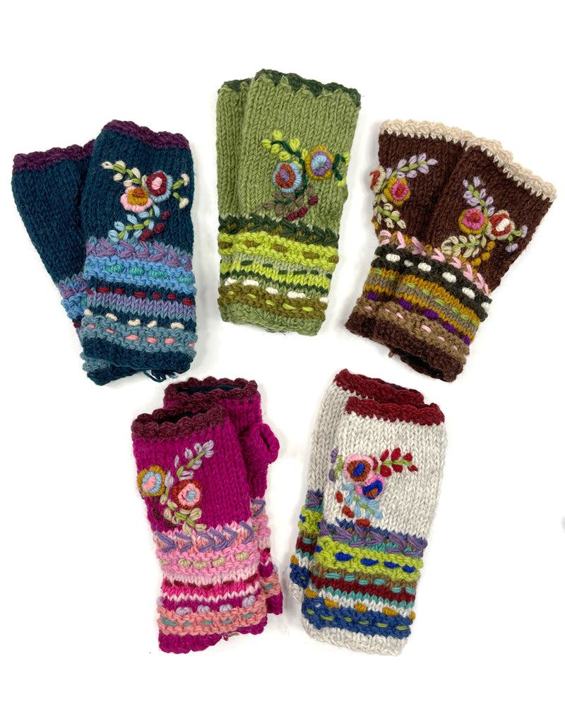 Flower Embroidered Fingerless Gloves