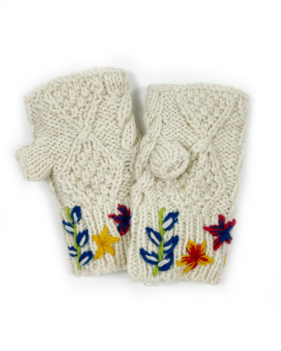 Embroidered Cable Knit Fingerless Gloves