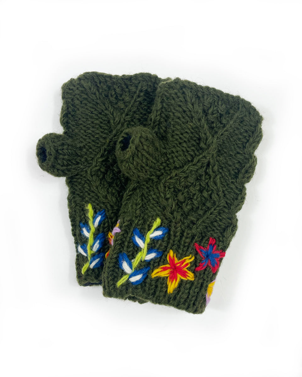 Embroidered Cable Knit Fingerless Gloves