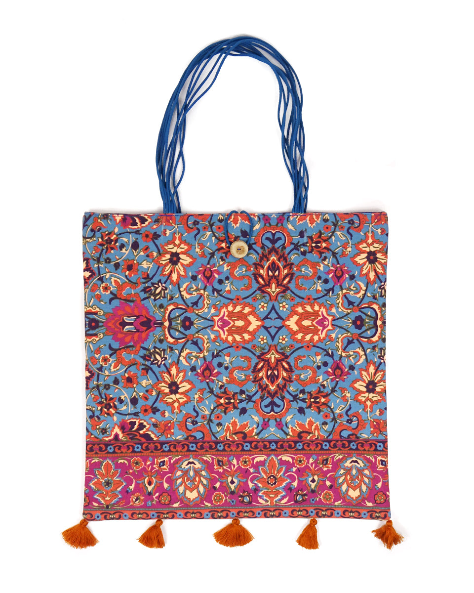 Vivid Floral Tote Bag with Tassels