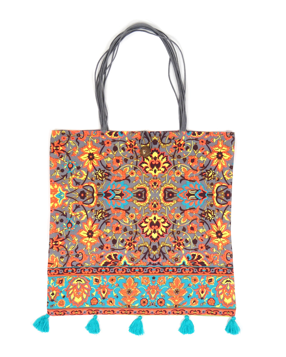 Vivid Floral Tote Bag with Tassels