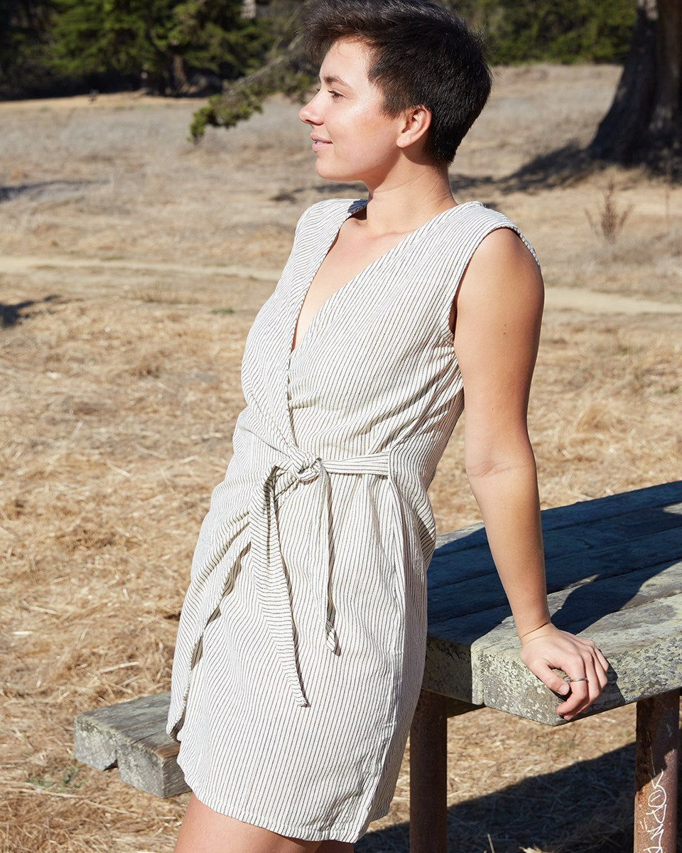 Striped Cotton Wrap Dress Cream / S/M