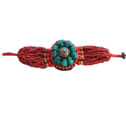 Red Beaded Bracelet with Large Turquoise Center